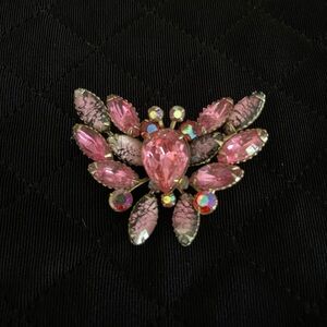 Vintage PINK BUTTERFLY Brooch Pin | Riveted Zebra Navette Rhinestones | Gorgeous